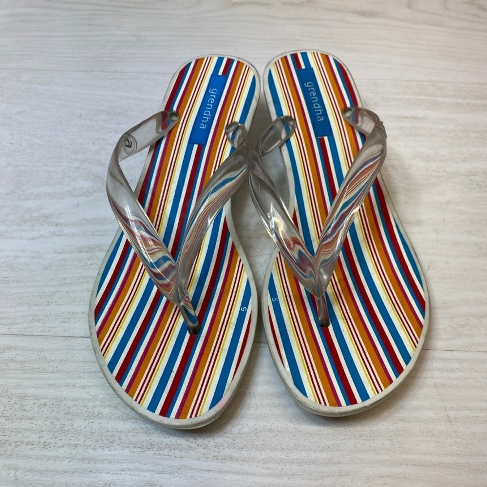 Grendha Womens Size 6 Sandals Kitten Heel Flip Flop y2k Striped Jelly Clear